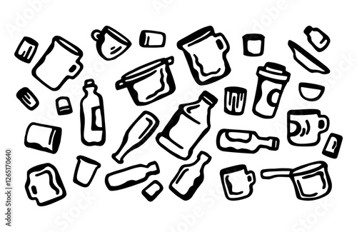 Black and white banner of linear drawings of dishes and bottles of different types on a white isolated background