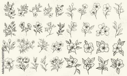 Black line art of jasmine flowers for wedding decor and logos, trendy botanical floral branch for stationery, hand drawn wedding herbs, greenery collection for invitations, floral design