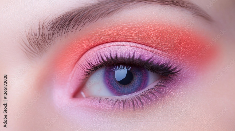 Fototapeta premium Close-up of eye with vibrant pink and peach eyeshadow makeup look