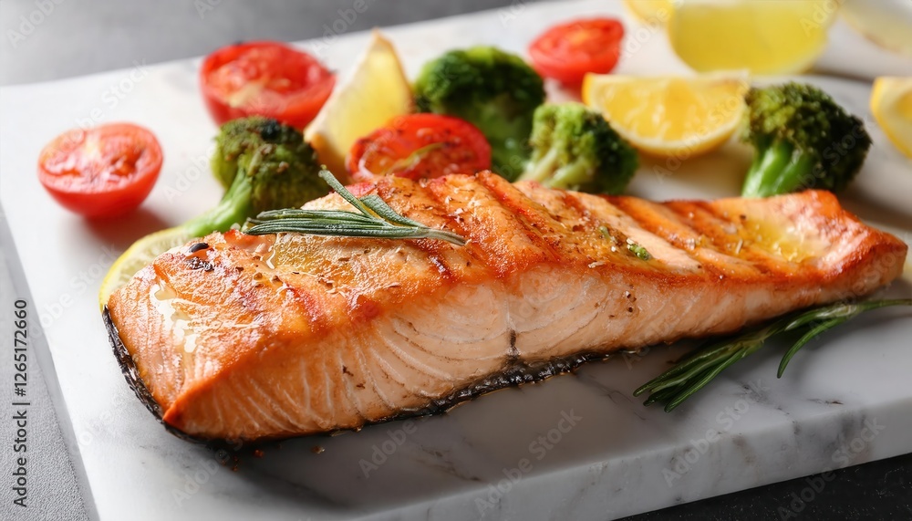 Grilled salmon fillet with broccoli, cherry tomatoes, and lemon on a marble plate. Grilled salmon fillet with broccoli, cherry tomatoes, and lemon on a marble plate.