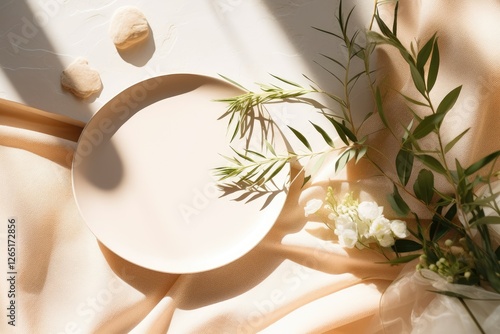 Summer wedding stationery scene with blank card wooden plate olive tree leaves and branches in sunlight White table background with palm shadows Feminine fla photo