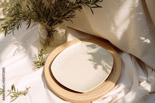 Summer wedding stationery scene with blank card wooden plate olive tree leaves and branches in sunlight White table background with palm shadows Feminine fla photo