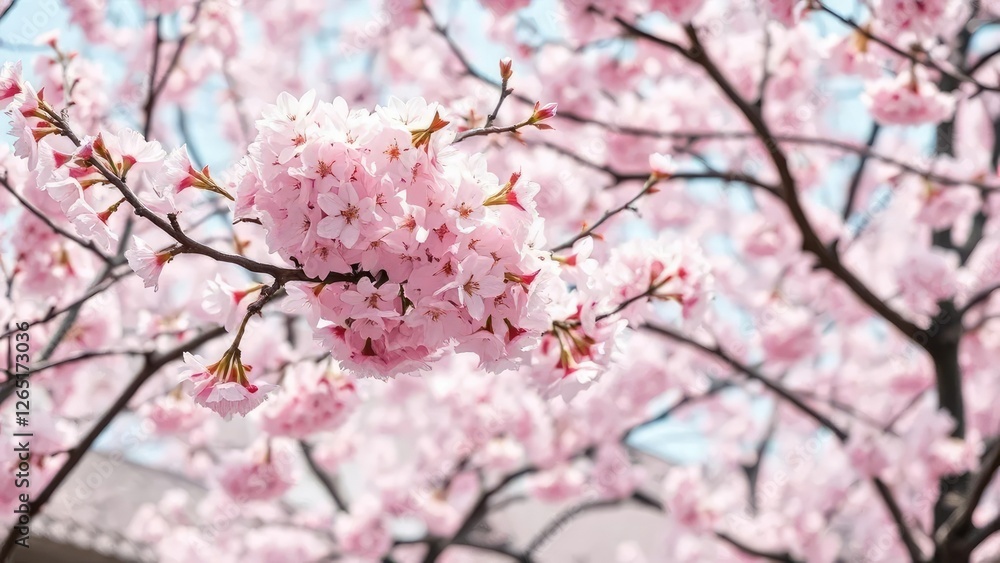 Pink cherry blossoms swaying in the soft breeze of spring, trees, blossom Pink cherry blossoms swaying in the soft breeze of spring, trees, blossom