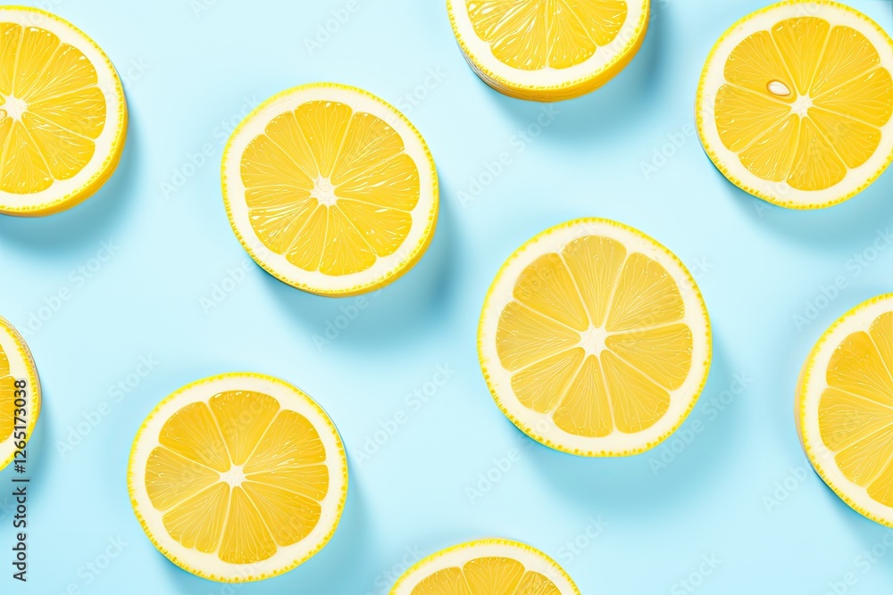 Sunlit lemon slice on blue background represents minimal summer trend Sunlit lemon slice on blue background represents minimal summer trend