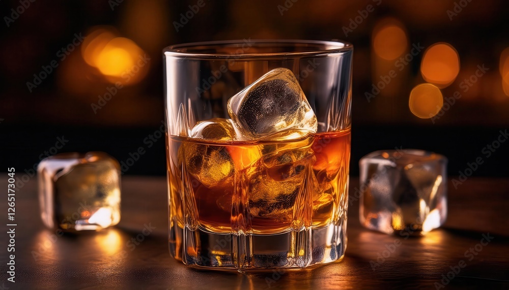 Glass of whiskey with ice cubes on a wooden table, warm ambiance in the background. Glass of whiskey with ice cubes on a wooden table, warm ambiance in the background.