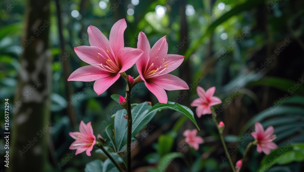 Pink tropical flowers surrounded by lush greenery in a forest setting with blurry background and vibrant colors Copy Space Pink tropical flowers surrounded by lush greenery in a forest setting with blurry background and vibrant colors Copy Space