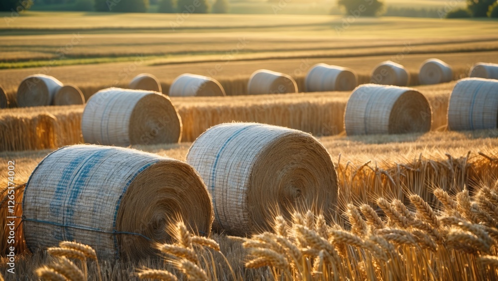 Golden wheat field with round hay bales and sunlit landscape in background illustrating agricultural harvest Copy Space Golden wheat field with round hay bales and sunlit landscape in background illustrating agricultural harvest Copy Space