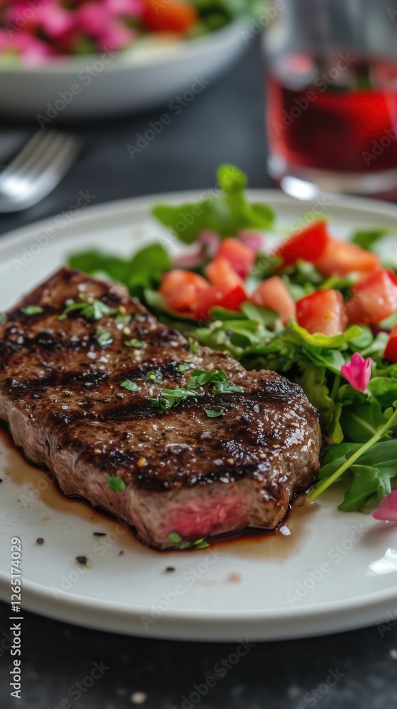Grilled steak served with fresh green salad and cherry tomatoes on a white plate. Grilled steak served with fresh green salad and cherry tomatoes on a white plate.