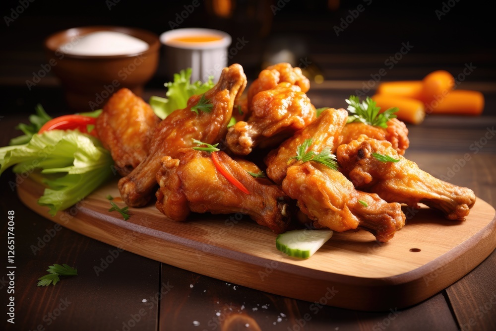 Tasty buffalo chicken wings with veggies on a wooden board Tasty buffalo chicken wings with veggies on a wooden board