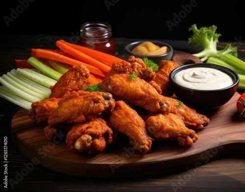 Tasty buffalo chicken wings with veggies on a wooden board