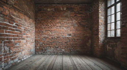 Empty rustic interior room with exposed brick walls and wooden floorboards natural light through window Copy Space photo