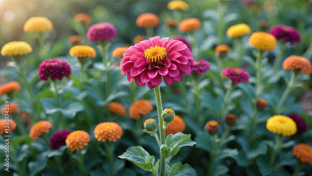 Colorful Zinnia Flowers in Bloom with Green Leaves and Natural Background Copy Space Colorful Zinnia Flowers in Bloom with Green Leaves and Natural Background Copy Space