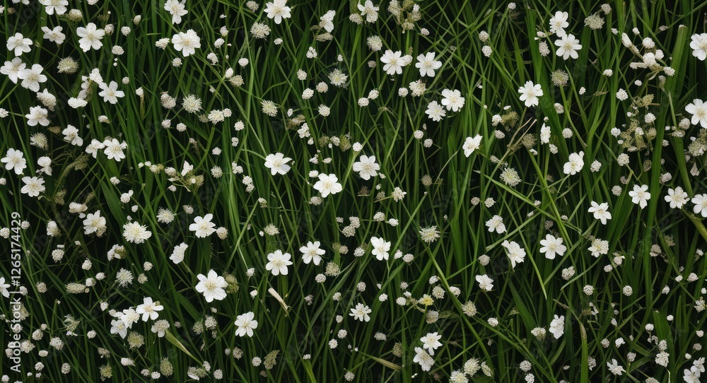 Field of small white flowers with green grass background, nature texture, floral scene, natural environment, vibrant colors, Copy Space Field of small white flowers with green grass background, nature texture, floral scene, natural environment, vibrant colors, Copy Space