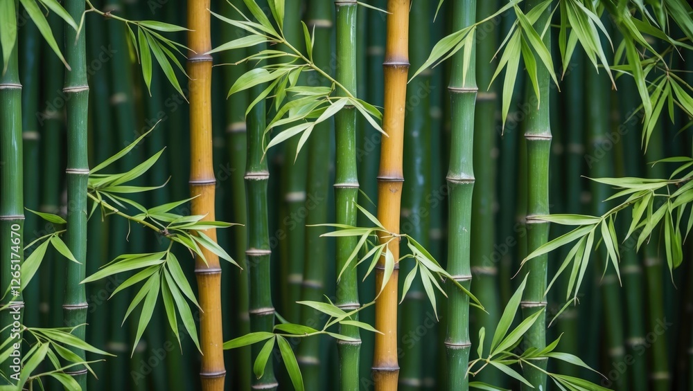 Bamboo stalks with lush green leaves displaying varying shades of green and yellow against a dark background with Copy Space Bamboo stalks with lush green leaves displaying varying shades of green and yellow against a dark background with Copy Space