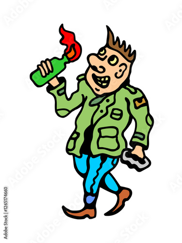 Graphic drawing of a colorful football hooligan, smiling and walking briskly and confidently, holding a burning incendiary mixture in his right hand and a metal brass knuckles in his left. He is dress