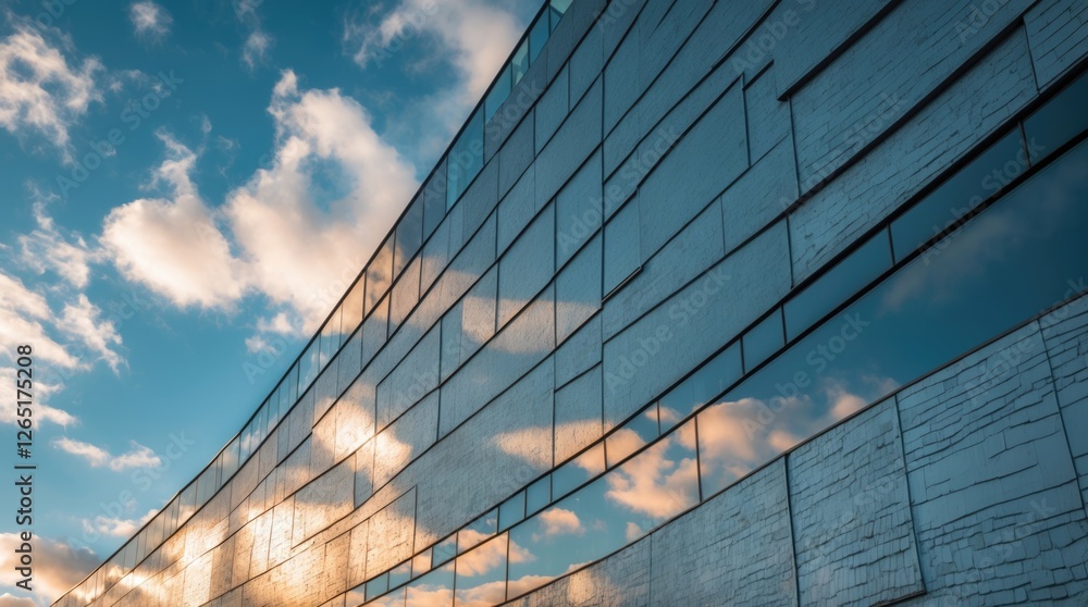 Modern building facade with reflective glass panels and cloudy sky in background showcasing architectural design Copy Space Modern building facade with reflective glass panels and cloudy sky in background showcasing architectural design Copy Space
