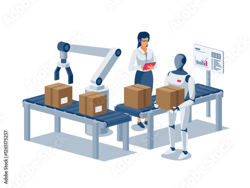 Humanoid robot working on assembly line. Industrial robot manipulating with parcel on conveyor belt table. Robotic arm on workstation. Human manager controlling automated packaging distribution system