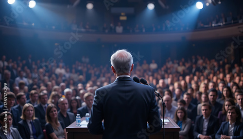 Wallpaper Mural Speaker addressing a large audience in a grand hall, delivering a powerful speech, captivating the attendees with important information Torontodigital.ca