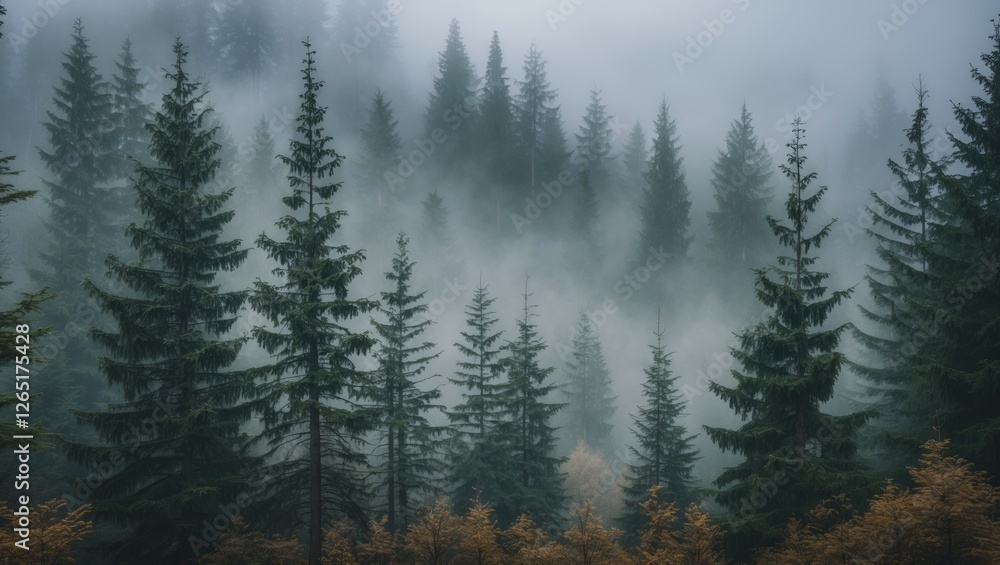 Misty forest landscape with tall coniferous trees obscured by fog and soft sunlight filtering through the foliage. Copy Space Misty forest landscape with tall coniferous trees obscured by fog and soft sunlight filtering through the foliage. Copy Space