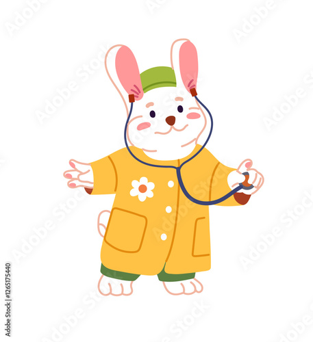 Happy anthropomorphic bunny pediatrician listens to with stethoscope. Cute animal doctor does examination. Rabbit pediatric doc, hare medic. Health care. Flat isolated vector illustration on white.