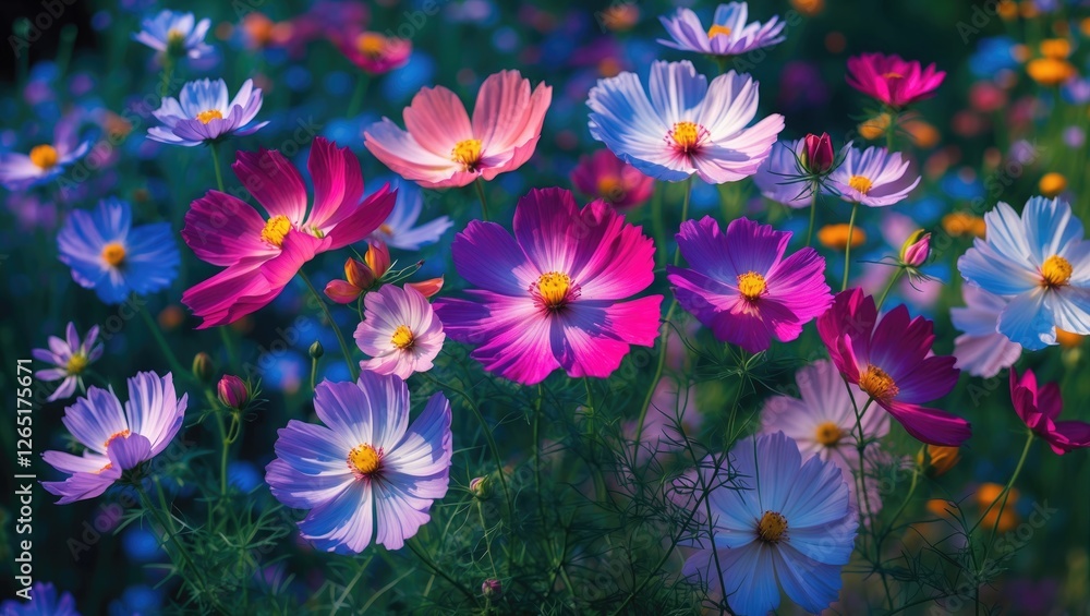 Vibrant field of colorful cosmos flowers with pink, purple, and white blossoms in full bloom natural background Copy Space Vibrant field of colorful cosmos flowers with pink, purple, and white blossoms in full bloom natural background Copy Space