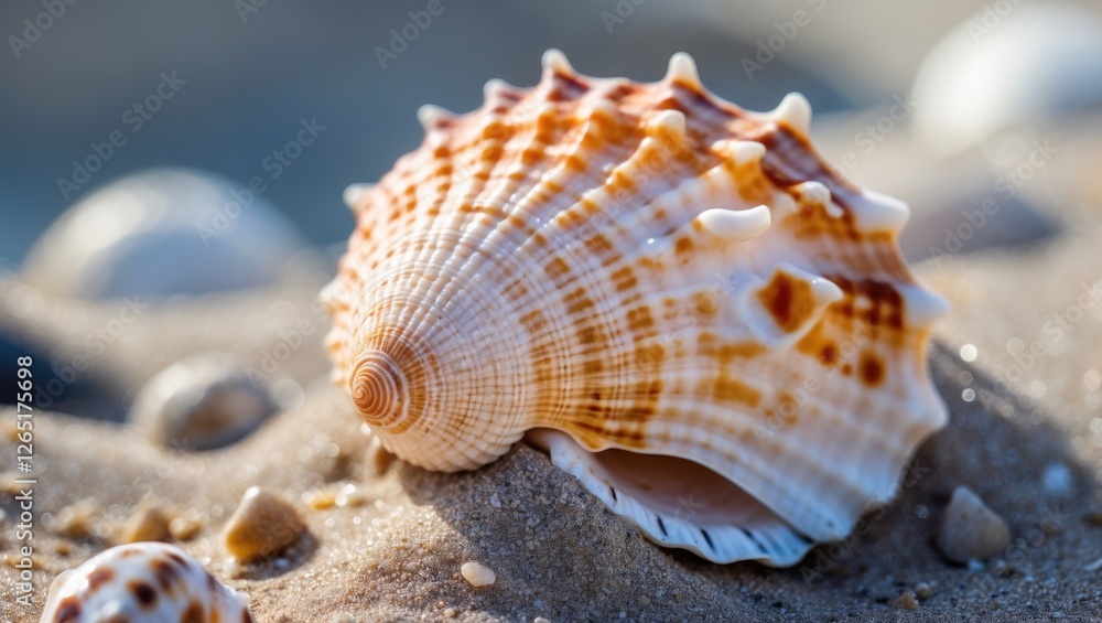 Close-up of a beautiful seashell on sandy beach with small pebbles in the background and natural light Copy Space Close-up of a beautiful seashell on sandy beach with small pebbles in the background and natural light Copy Space