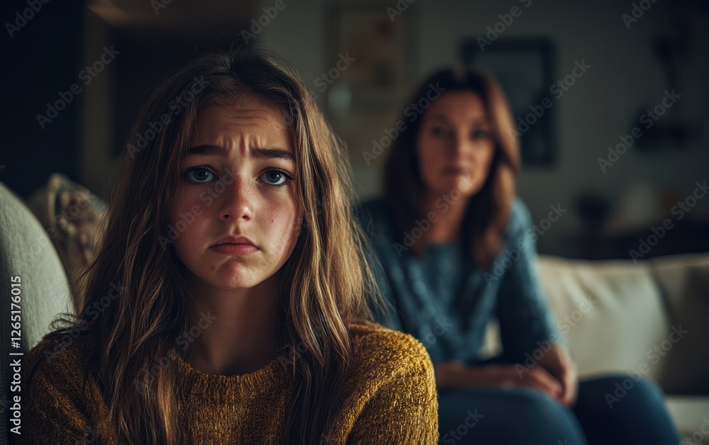Emotional moment between a mother and daughter in a cozy living room Emotional moment between a mother and daughter in a cozy living room