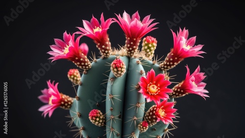 Cactus plant with vibrant pink flowers against a dark background featuring spikes and texture Copy Space photo