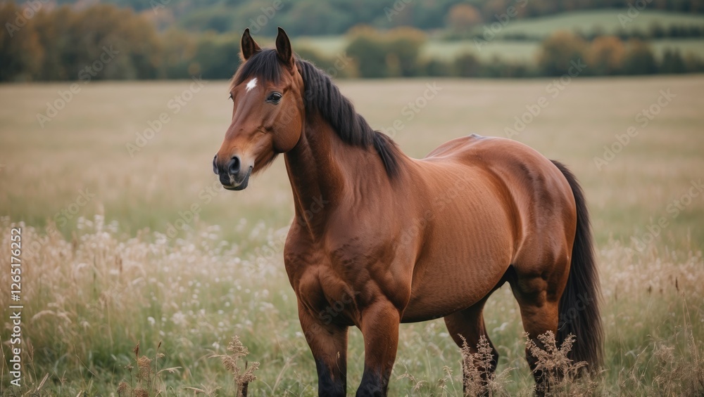 Brown horse standing in a green field with tall grass and trees in the background Copy Space Brown horse standing in a green field with tall grass and trees in the background Copy Space