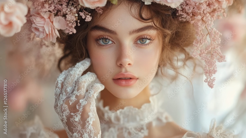 A stylish fashion shoot featuring a model dressed in a romantic and playful coquette outfit, with a pastel-colored dress, lace gloves, and a floral headpiece, set against a soft, whimsical background. A stylish fashion shoot featuring a model dressed in a romantic and playful coquette outfit, with a pastel-colored dress, lace gloves, and a floral headpiece, set against a soft, whimsical background.