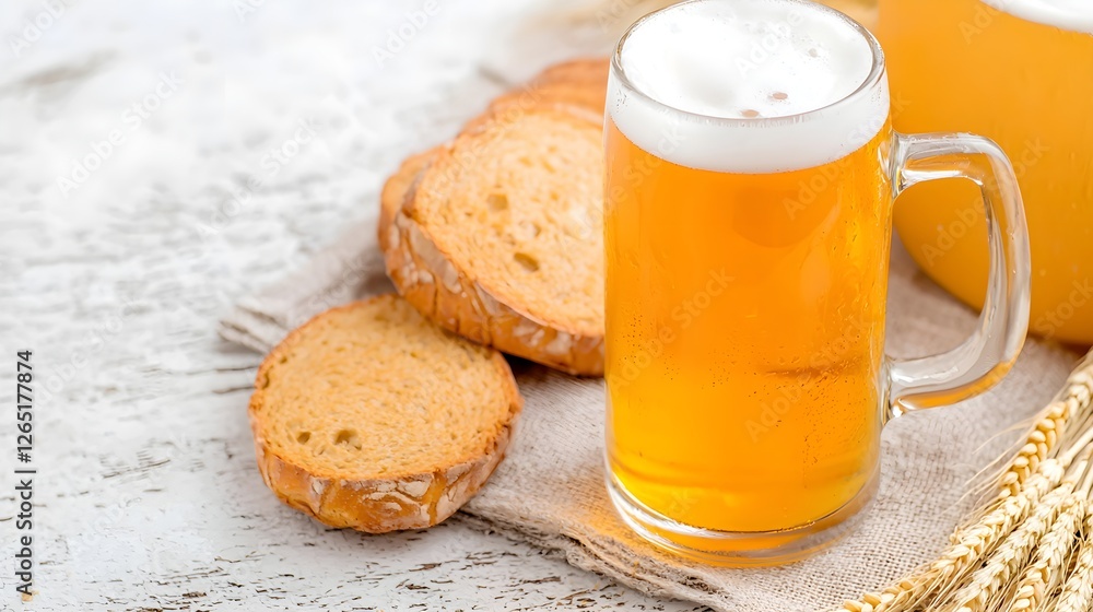 Refreshing Beer with Delicious Slices of Bread on Rustic Table Refreshing Beer with Delicious Slices of Bread on Rustic Table