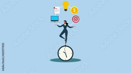 Mastering Time Management, A 4K Animation of a Businesswoman Balancing on a Clock While Juggling Tasks Efficiently