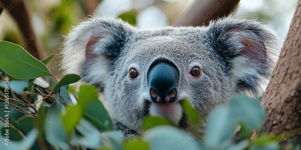 Obraz premium Koala peeking through eucalyptus leaves in australia