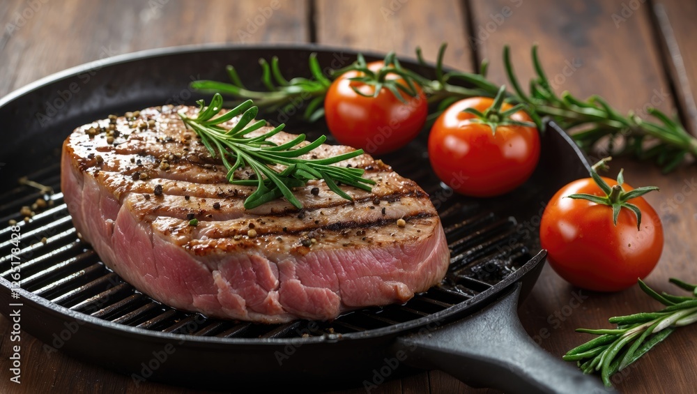 Grilled steak on a cast iron pan with rosemary and fresh cherry tomatoes on a wooden table Copy Space Grilled steak on a cast iron pan with rosemary and fresh cherry tomatoes on a wooden table Copy Space