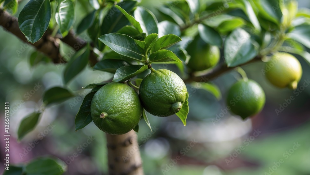 Close-up of fresh green limes hanging on a tree branch surrounded by lush green leaves with blurred background and natural light Copy Space Close-up of fresh green limes hanging on a tree branch surrounded by lush green leaves with blurred background and natural light Copy Space