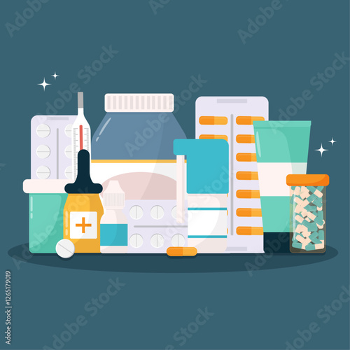 Set of medicines with labels. Medical supplies. Pharmaceutics concept.Vector illustration