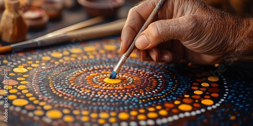 Artist painting colorful dots on aboriginal artwork in australia
