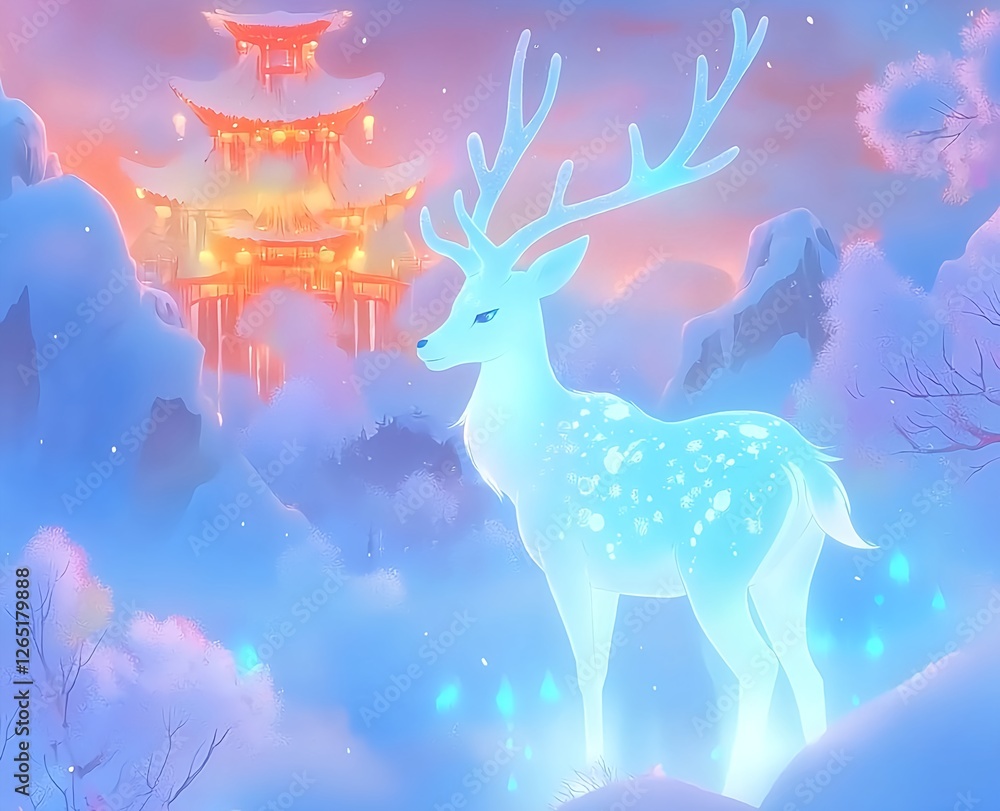A pure white male deer adorned with pastel spots that radiate nobility A pure white male deer adorned with pastel spots that radiate nobility
