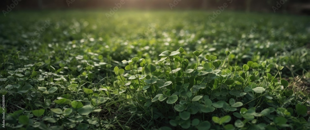 Clover field with soft sunlight illuminating lush green vegetation at dawn Copy Space Clover field with soft sunlight illuminating lush green vegetation at dawn Copy Space