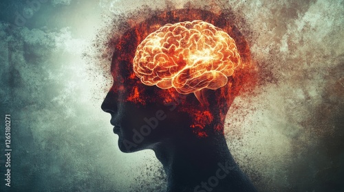 an abstract representation of brain fog depicting human head silhouette with clouded or obscured brain symbolizing difficulty in thinking concentration and mental clarity