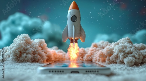 A whimsical scene showing a rocket taking off from a smartphone amidst fluffy clouds, representing the intersection of technology and imagination in a vibrant setting.