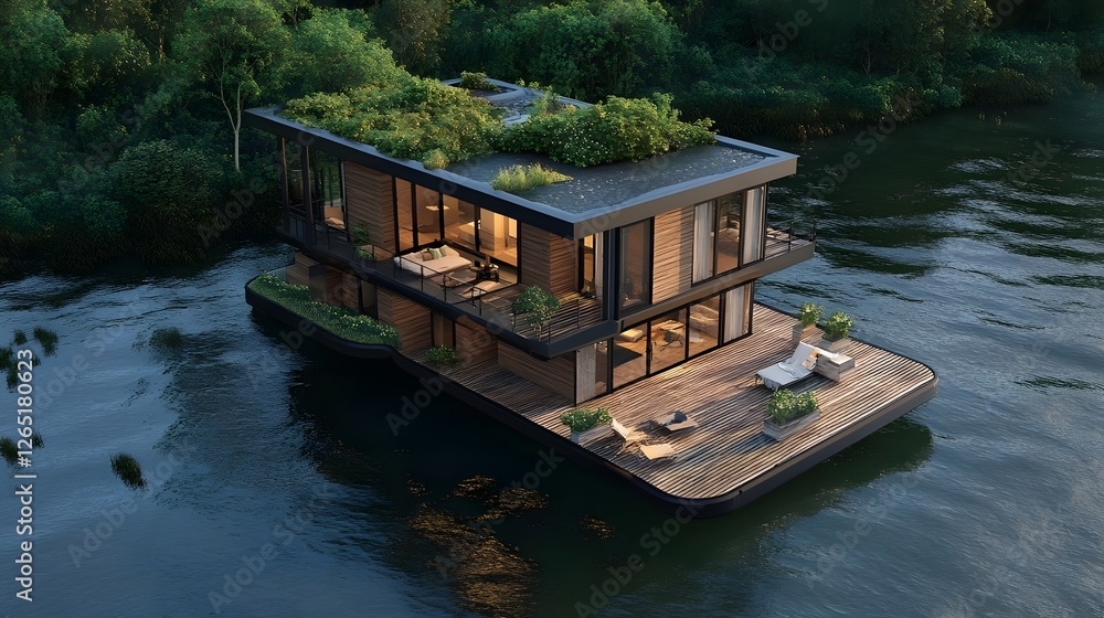 Obraz premium Modern floating house with lush greenery on the roof, surrounded by tranquil waters and trees