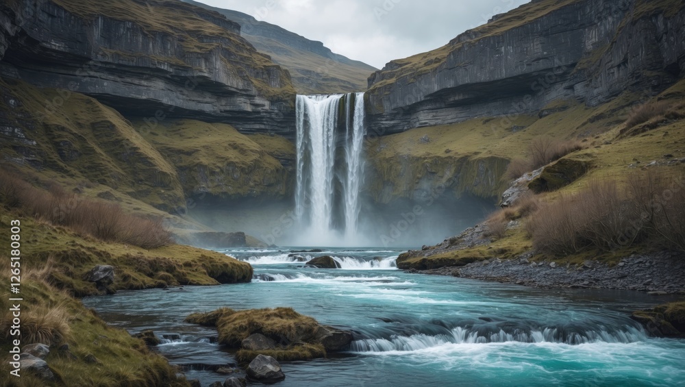 Mountain waterfall cascading into turquoise river surrounded by lush green hills and rocky terrain with cloudy sky and mist. Copy Space Mountain waterfall cascading into turquoise river surrounded by lush green hills and rocky terrain with cloudy sky and mist. Copy Space