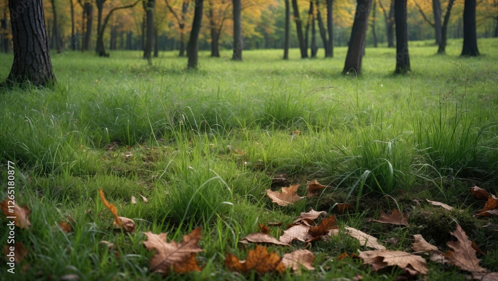 Autumn landscape with fallen leaves on green grass in a serene forest setting with tall trees and colorful foliage Copy Space Autumn landscape with fallen leaves on green grass in a serene forest setting with tall trees and colorful foliage Copy Space