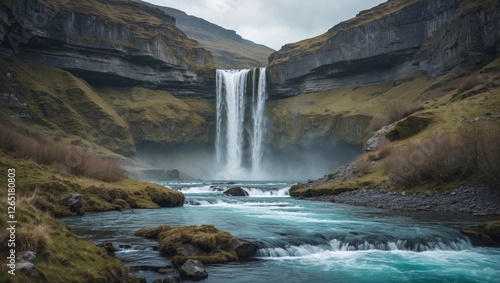 Mountain waterfall cascading into turquoise river surrounded by lush green hills and rocky terrain with cloudy sky and mist. Copy Space