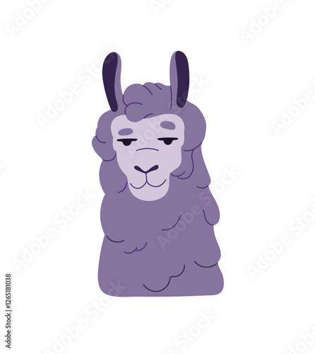Seductive portrait of llama. Sexy lama with tempting facial expression. Avatar of smiling alpaca. Cute fluffy animal of Peru, Mexican character. Flat isolated vector illustration on white background