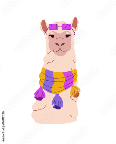 Cute dressed llama avatar. Lama with colourful peru scarf, glasses. Happy alpaca with stylish sunglasses. Fashion animal character wears trendy clothes. Flat isolated vector illustration on white