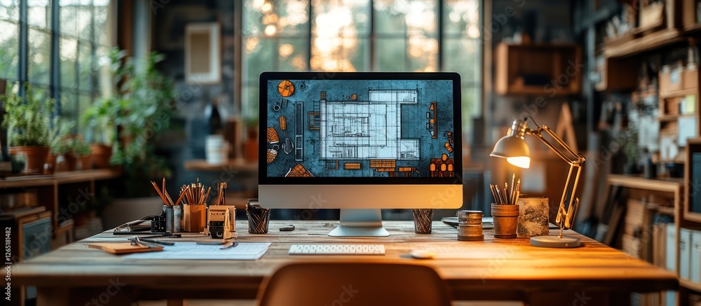 custom made wallpaper toronto digitalArchitect's workspace with computer displaying floor plan.