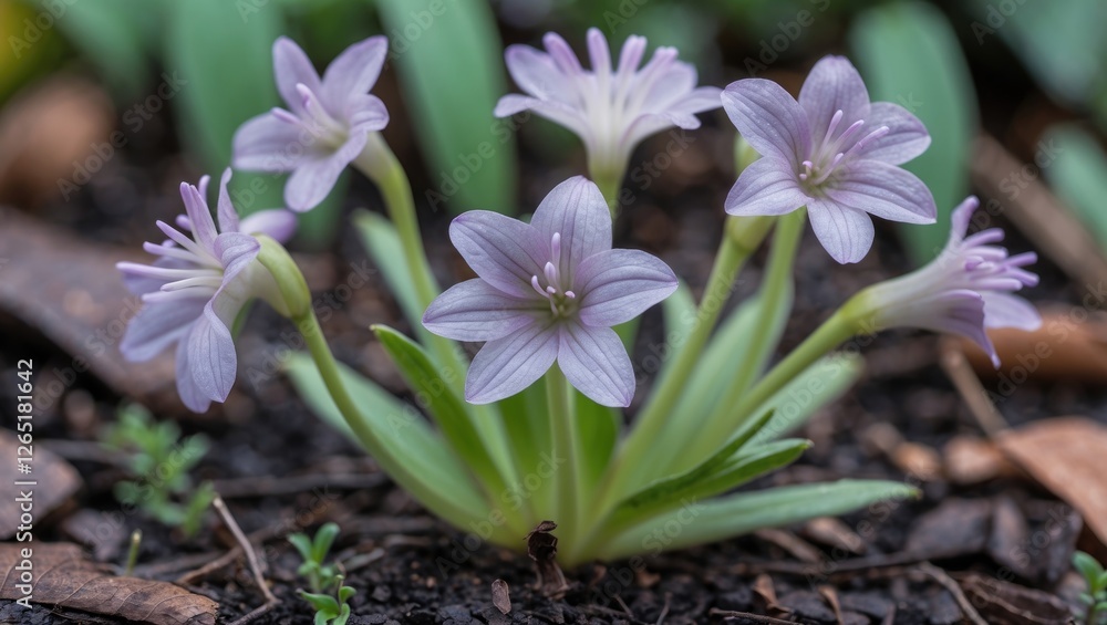Delicate purple flowering plants with five petals growing from green leaves in rich dark soil with blurred background and natural light Copy Space Delicate purple flowering plants with five petals growing from green leaves in rich dark soil with blurred background and natural light Copy Space