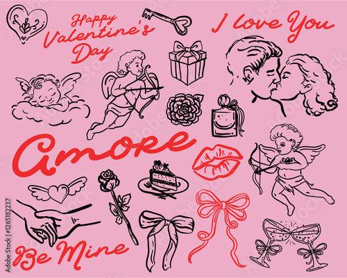 Whimsical, hand drawn style tomance, romantic, Valentine's Day, Love illustration set, vector elements